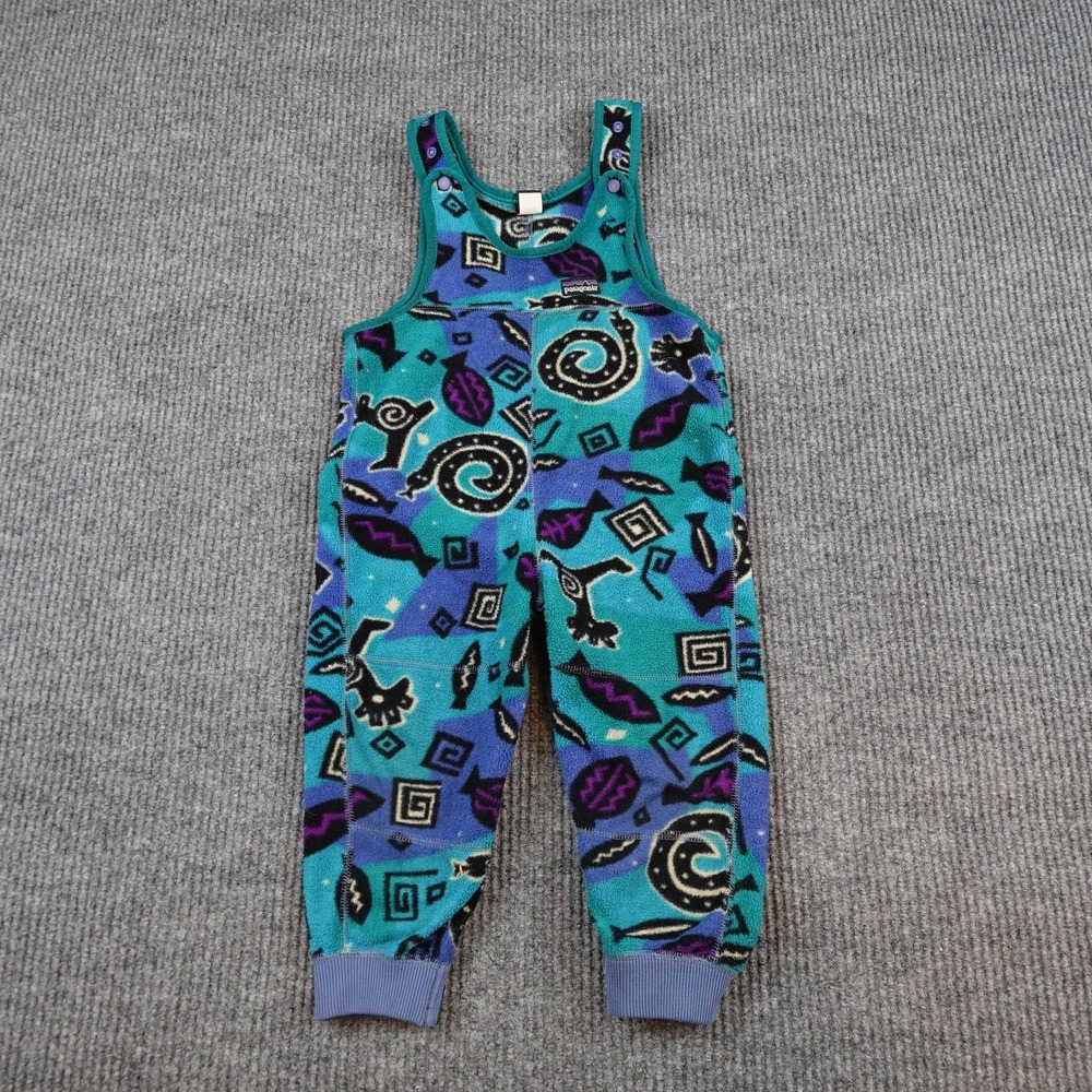 Vintage Patagonia Fleece Overalls Girls 18-24M Teal Geometric USA Funky Fish